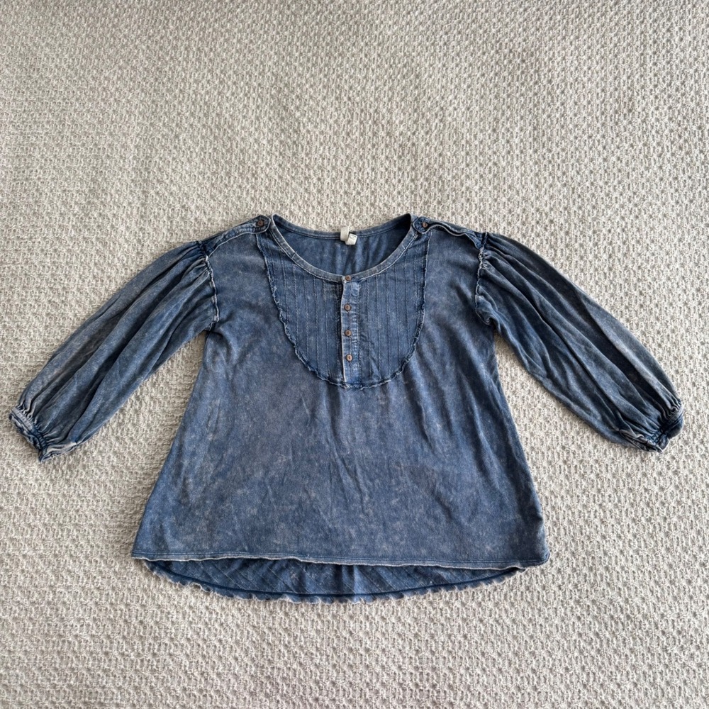 We The Free Blue Long Sleeve Button Up Peasant Top Boho Whimsical Women's XS